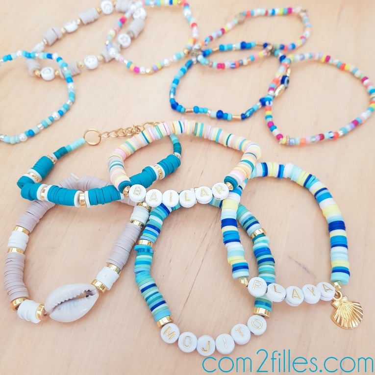 bracelets perles heishi - alphabet - coquillage cauri
